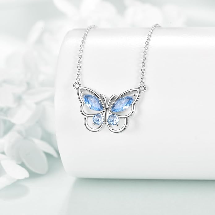 Butterfly Necklace for Women 925 Sterling Silver Crystal Butterfly Pendant Birthstone Amethyst Jewelry Gift