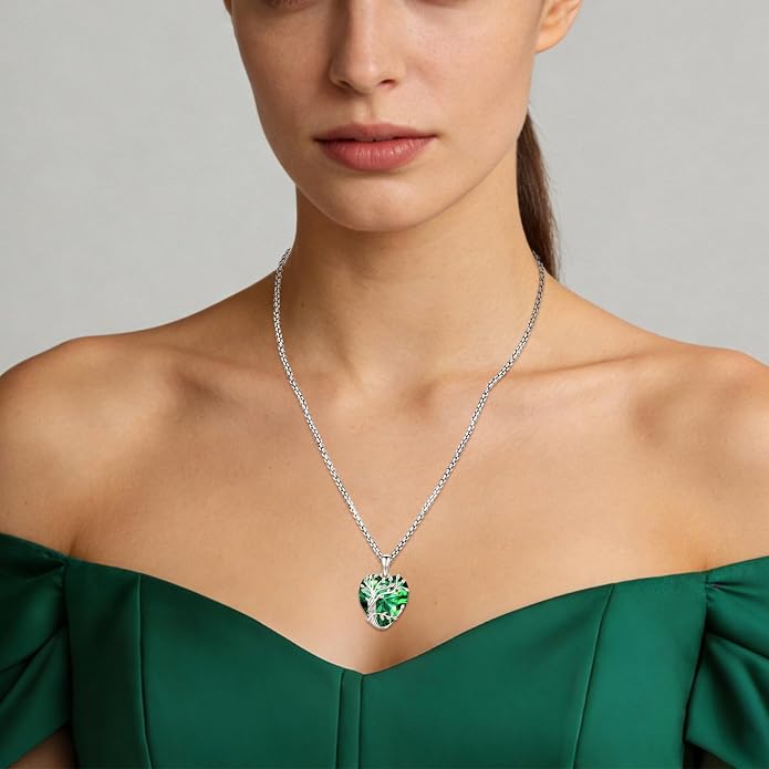 Eusense Tree of Life Necklace for Women White Gold Plated Copper Moonstone/Turquoise/Black Onyx/Crystal Birthstone Pendant Jewelry Gifts for Women Men