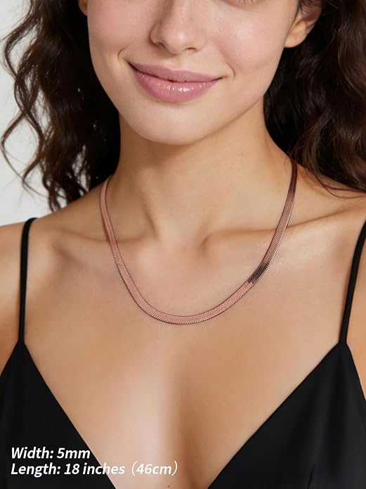 FindChic Black/14K Gold Plated Herringbone Choker Chain Necklace for Women | Waterproof Stainless Steel, Dainty Layering, Flat Snake Chain, Non-Tarnish, Hypoallergenic, Adjustable Extender, Gift Box