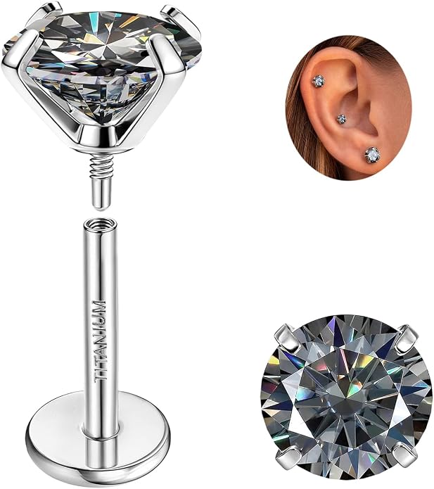 GEMQUEEN Moissanite Earrings G23 Titanium Extended Internal Thread Flat Back Earrings Hypoallergenic Tragus Cartilage Helix Conch Piercing Jewelry for Women Men 18G 6/8mm Post Gray/D Color 0.2-3CT