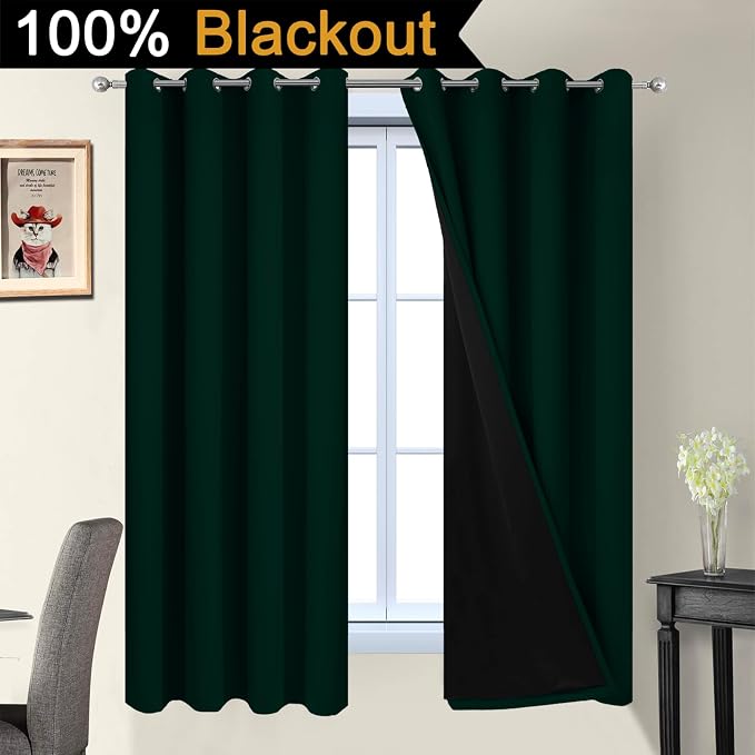 Yakamok Pine Tree Green 100% Blackout Curtains 63 Inches Long 52" Wide | Blackout Curtain Panels for Bedroom, 2 Thick Layers Grommet Top Thermal Insulated Drapes with Black Liner for Living Room