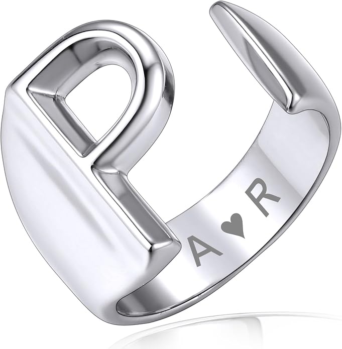 KeyStyle Bold Initial Letter Rings Adjustable, GoldChic Jewelry Women Gold Statement Ring Personalized Engraved Women’s Open Signet Ring for Party (Gold, White Gold, Black)