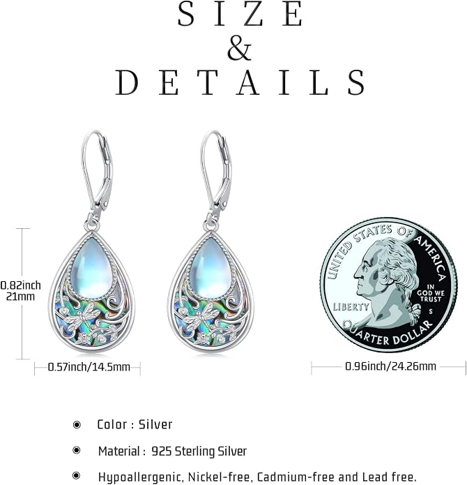 Dragonfly Filigree Earrings 925 Sterling Silver Teardrop Moonstone Abalone Shell Dangle Drop Earrings Filigree Jewelry Gifts for Women