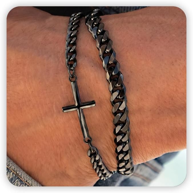 Cross Bracelet for Men, Silver/Gold/Black Mens Cross Bracelets Stack Stainless Steel Cuban Link Chain Bracelet Set Non Tarnish Adjustable Chunky Mens Jewelry Gifts for Men Dad Him Father's Day