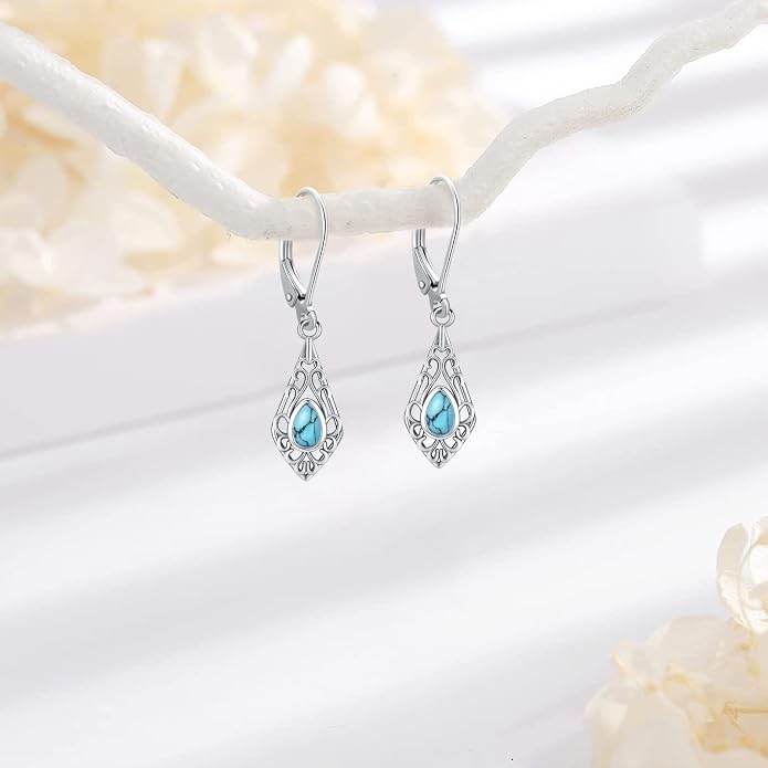 Dangle Earrings Sterling Silver Moonstone/Turquoise/CZ/Crystal Earrings for Women Tree of Life Animal Filigree Leverback Earrings Jewelry Gifts
