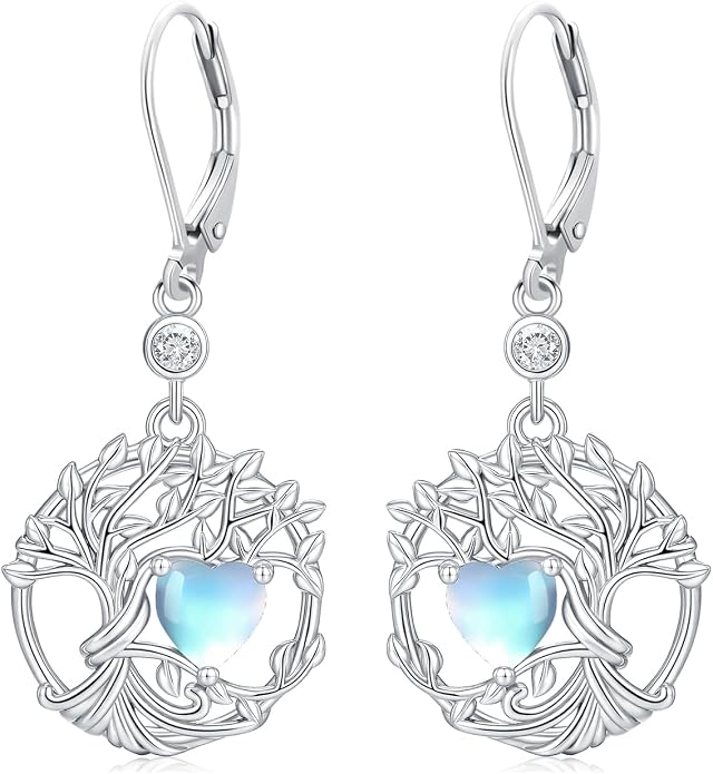 Odinstone 925 Sterling Silver Earrings Tree of Life Teardrop Moonstone Dangle Drop Leverback Earrings for Women