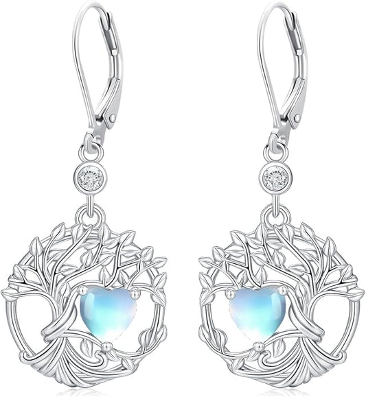 Odinstone 925 Sterling Silver Earrings Tree of Life Teardrop Moonstone Dangle Drop Leverback Earrings for Women