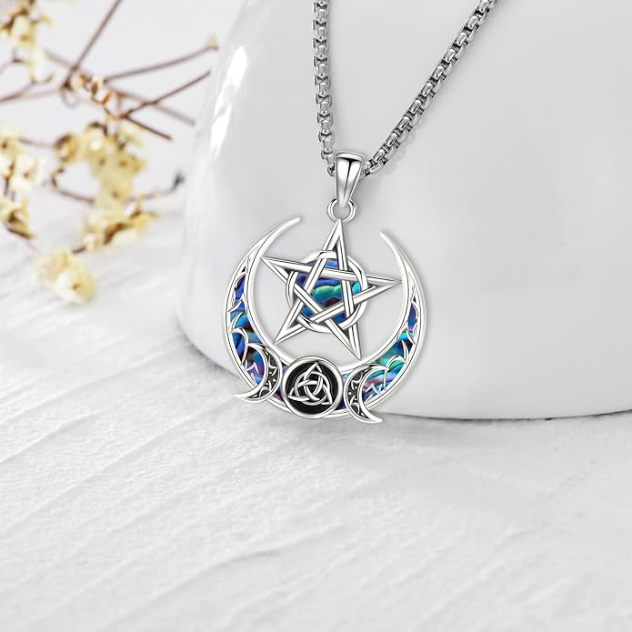 Pentagram Necklace Sterling Silver Triple Moon Goddess/Celtic Knot Witches Knot/Ankh/Sun and Moon/Hecate/Lilith/Santa Muerte/Tetragrammaton Pendant Necklace Pagan Wiccan Magic Egyptian Amulet Jewelry for Women Men