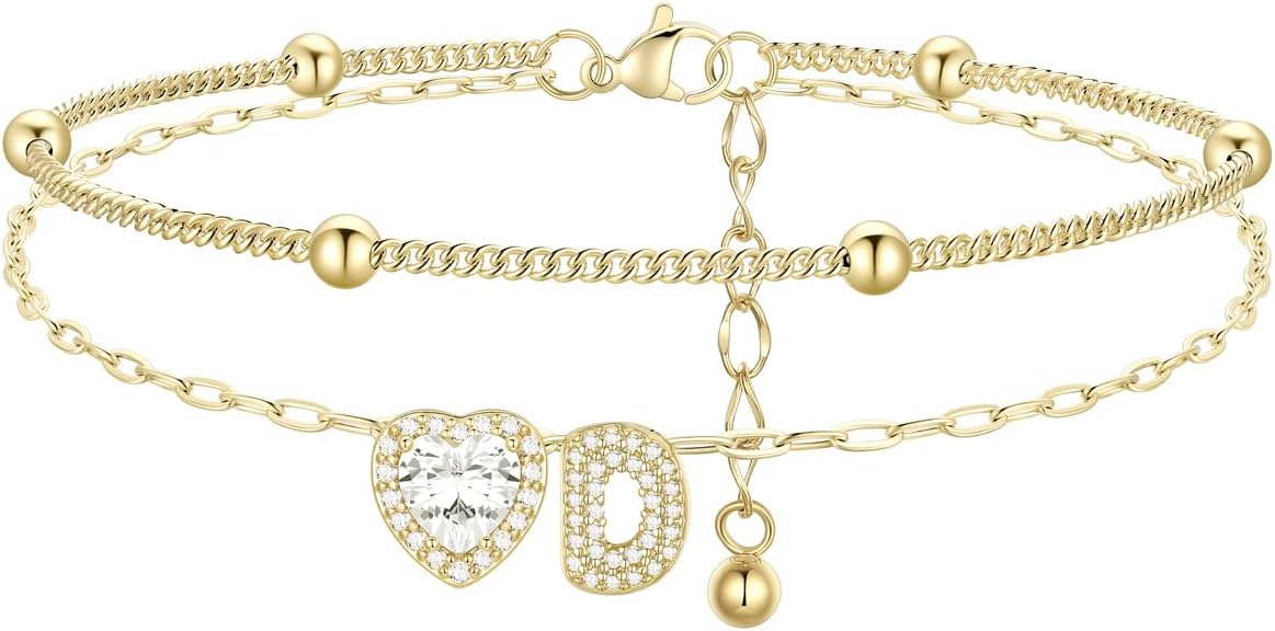 FindChic Silver/14K Gold Plated Layered CZ Initial Ankle Bracelet for Women | Waterproof Stainless Steel, Cubic Zirconia Letter Charm, Non-Tarnish, Hypoallergenic, Adjustable Extender, Summer Jewelry