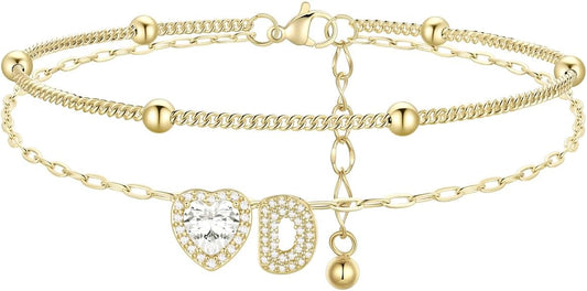 FindChic Silver/14K Gold Plated Layered CZ Initial Ankle Bracelet for Women | Waterproof Stainless Steel, Cubic Zirconia Letter Charm, Non-Tarnish, Hypoallergenic, Adjustable Extender, Summer Jewelry