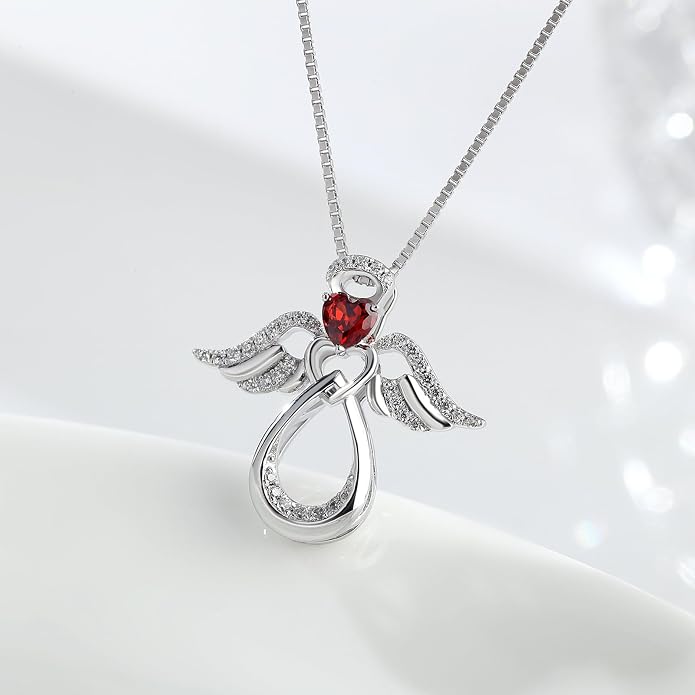 925 Sterling Silver Guardian Angel Pendant Necklace for Women with Birthstone Cubic Zirconia Little Angel Pendant Necklace Jewelry 18 inch Chain