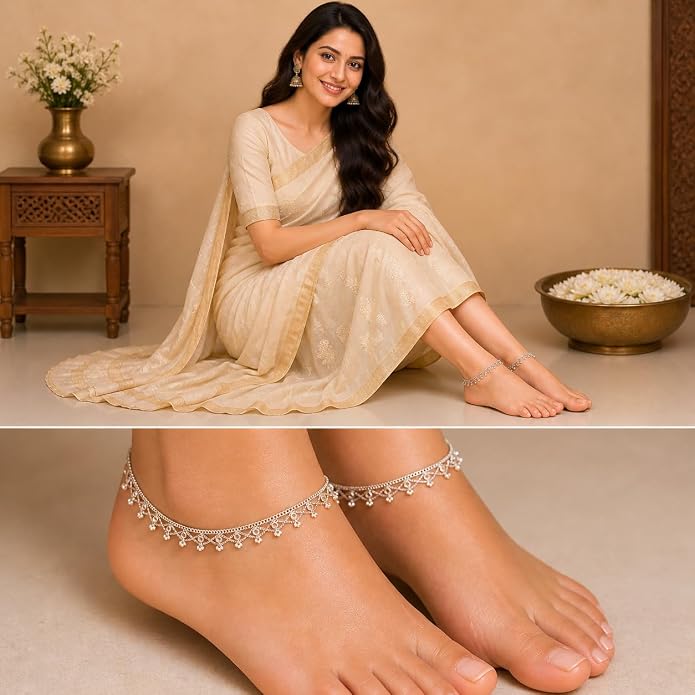 Jewar Anklet Payal Indian Traditional CZ Ad Plain Simple Handmade Natural Gold Plated Jewelry