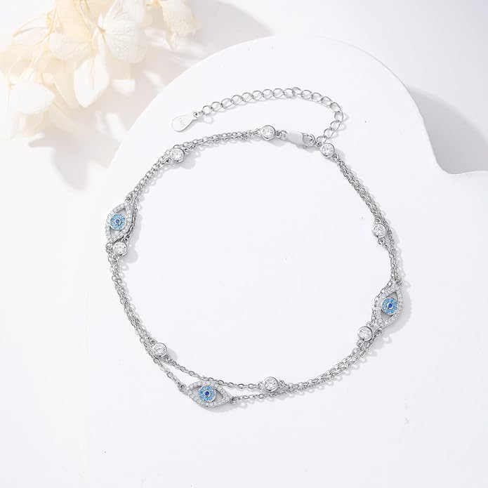 Evil Eye/Butterfly Cross Anklet for Women 925 Sterling Silver Blue Evil Eye Anklets Butterfly Bracelets Greek Blue Eyes Layered Protection Chain Jewelry Christmas Gifts