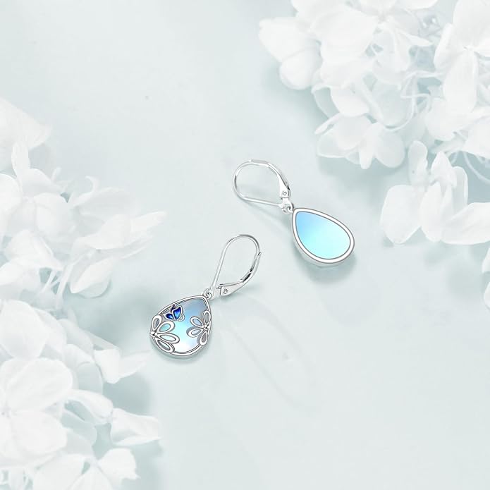 AOBOCO Teardrop Dangle Earrings for Women 925 Sterling Silver Moonstone Flower Filigree Leverback Jewelry Birthday