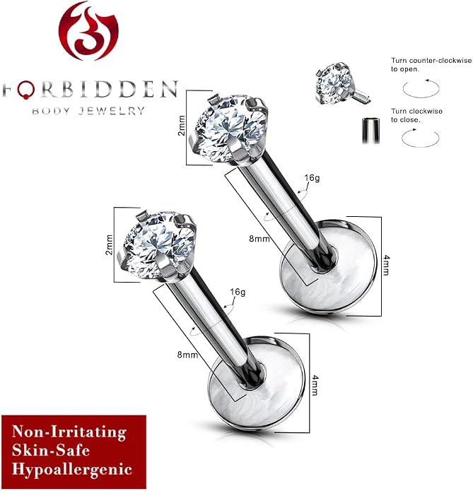 16 g Titanium Internally Threaded Tragus Piercing Jewelry CZ Top Flat Back Piercing Nose Studs Earring, Helix, Cartilage, Labret, Monroe for Women or Men