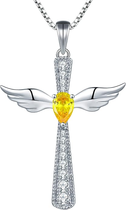 YL Cross Necklace 925 Sterling Silver Angel Wings Pendant Teardrop Birthstone Criss Jewelry for Women
