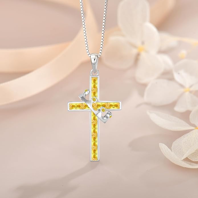 Gemstone Crown Cross Necklaces for Women, 925 Sterling Silver Rectangular cut Zircon Pendant With Rotated Crown Faith Cross Jewelry Gift
