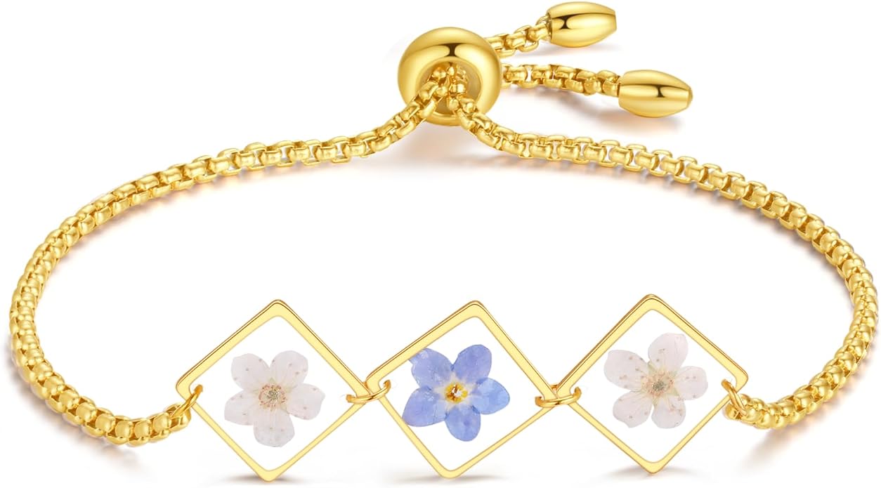 AUNTESIGN Forget-Me-Not Pressed Wildflower Bracelet | Pressed Flower Bracelet | Gold/Silver Pressed Flower Jewelry | Personalized Handmade Jewelry | Gift For Women
