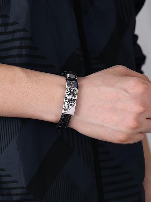 ChainsHouse Mens Wrap Braided Leather Black Bead Bracelets Bangles, Vintage Star of David/Wing Skull/Templar Cross Genuine Leather Bracelet, Customize Available, Size 7.5/8.3/9.0 Inch, Send Gift Box