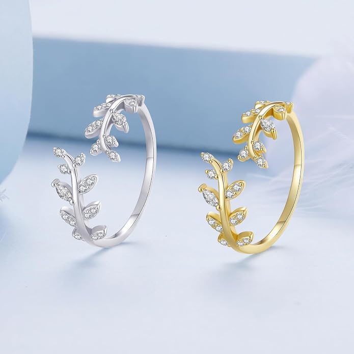 MUNDELL 925 Sterling Silver Simple Multi-layer Leaf Adjustable Ring Green Lucky Leaves Statement Ring for Women Promise Ring Fine Jewelry