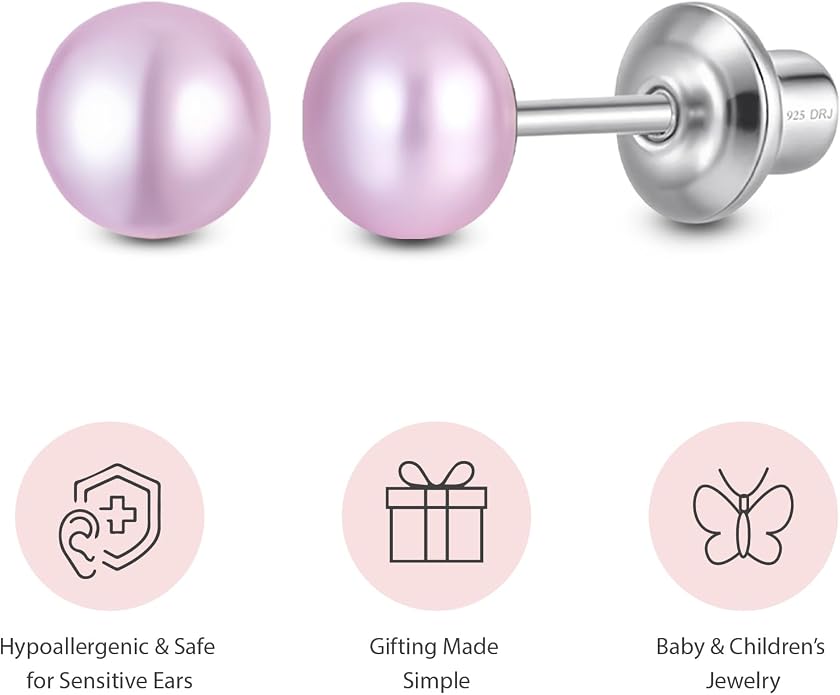 Pearl Screw Back Stud Earrings for Baby, Toddler, Girls | Hypoallergenic 925 Sterling Silver Screwback Safety Earrings | Simulated Pearl Studs for Sensitive Ears | Keepsake Gift for Birthdays Holidays Special Occasions