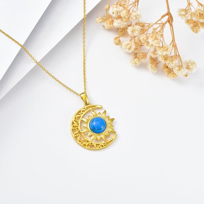 Crescent Moon Necklace for Women 18K Gold Plated Silver Moon and Sun Pendant with Gemstone Dainty Birthstone Jewelry Pendant Necklace for her