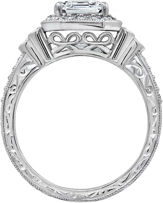 Amazon Essentials Platinum or Gold Plated Sterling Silver Antique Ring set with Asscher-Cut Infinite Elements Cubic Zirconia