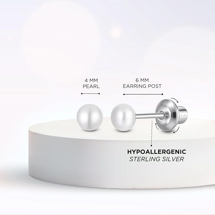 Pearl Screw Back Stud Earrings for Baby, Toddler, Girls | Hypoallergenic 925 Sterling Silver Screwback Safety Earrings | Simulated Pearl Studs for Sensitive Ears | Keepsake Gift for Birthdays Holidays Special Occasions
