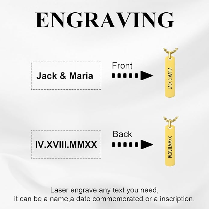 Fathers Day Personalized Vertical Bar Pendant Necklace - Custom Name Text Necklace Customized Stainless Steel Memorial Necklace Dad Gifts for Men