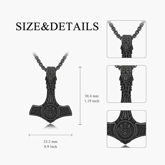 PROESS Thors Hammer Necklace Sterling Silver Celtic Knot Wolf/Lion/Raven Necklace Viking Mjolnir Pendant Jewelry for Men