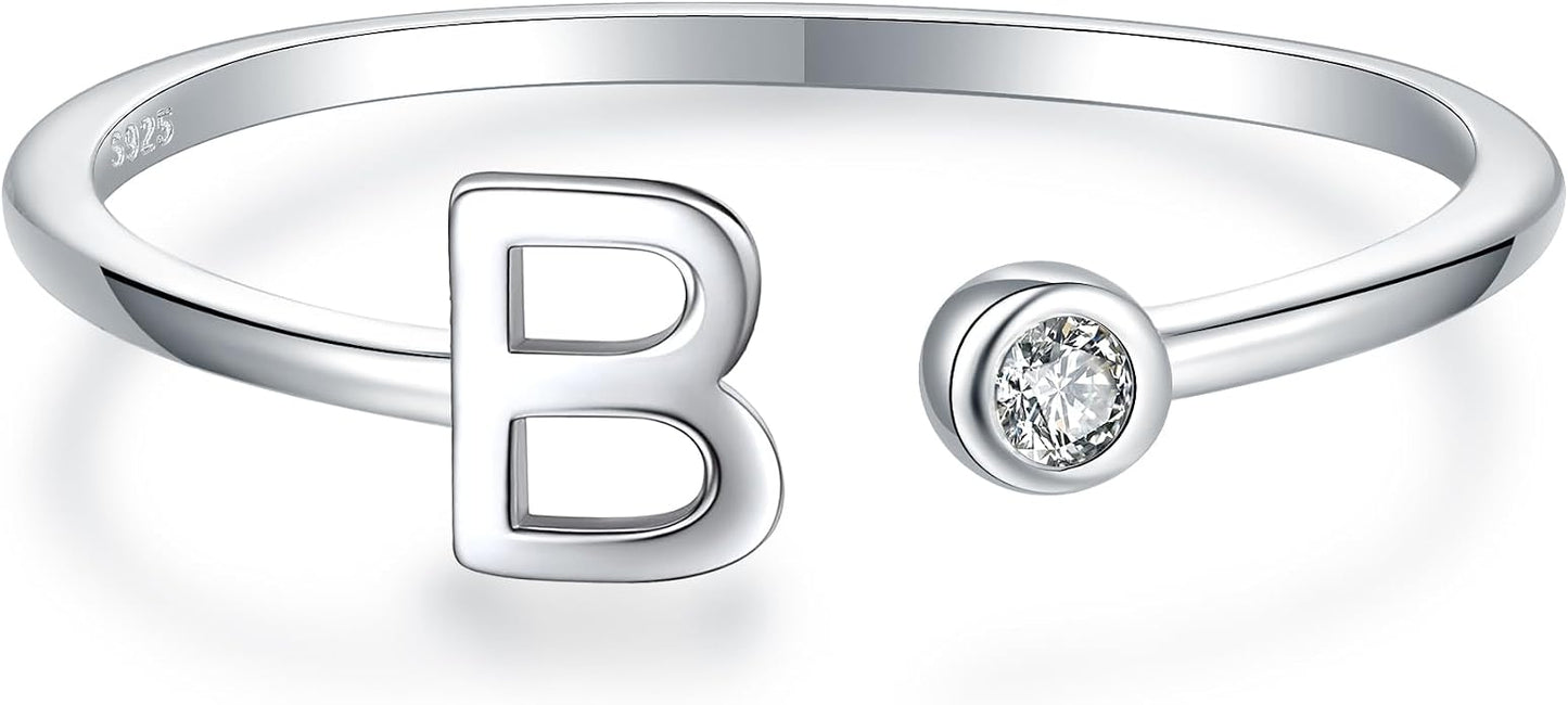 925 Sterling Silver Initial Letter Birthstone Rings for Women Adjustable 1-12 Month Birthstone Alphabet Stacking Ring for Teens Girls Stackable Birthstone Rings Birthday Jewelry Gift for Daughter Mom