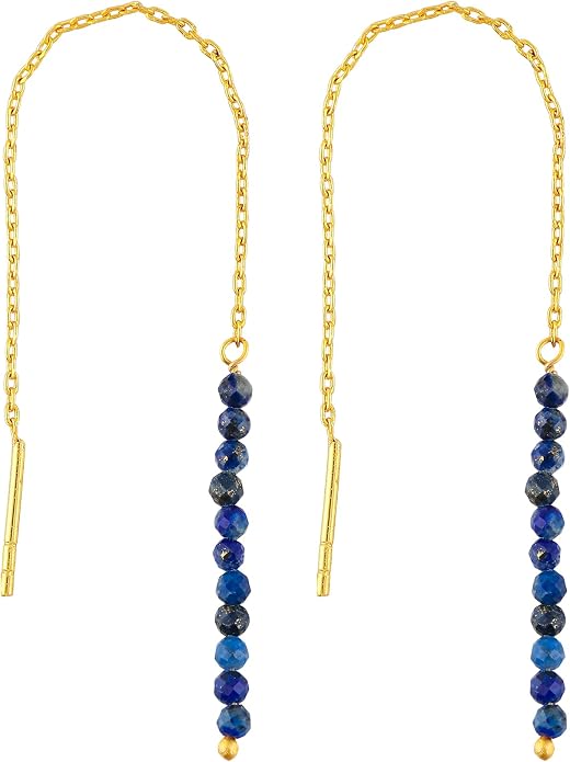 Natural Gemstone Threader Earrings for Women - Dainty 2mm Faceted Beads - Birthstone Crystal Drop Earrings - Silver Plated Healing Jewelry