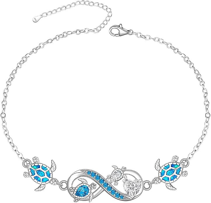 Fenthring Turtle Anklets for Women Turtle Ankle Bracelet Blue Opal Sea Sterling Silver Infinity Wave Ocean Beach Summer Jewelry Mothers Day