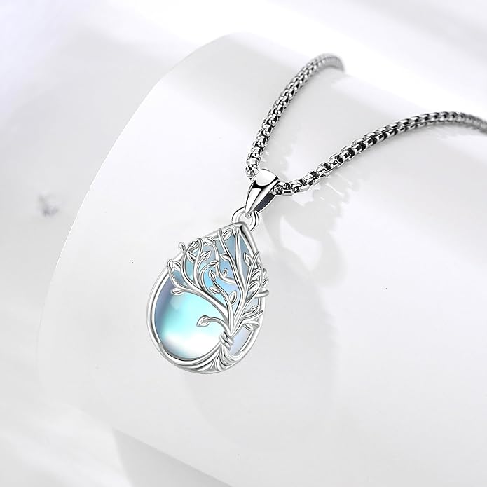 Sterling Silver Tree of Life Necklace for Women Oval Family Tree Necklace Abalone Shell Moonstone Pendant Mother Day Necklace for Mom Tree of Life Jewelry