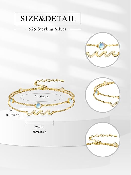 Wave/Dolphin Bracelet/Sea Turtles Anklet 925 Sterling Silver Adjustable Moonstone Bracelet/Anklet Summer Ocean Jewelry Gifts for Women