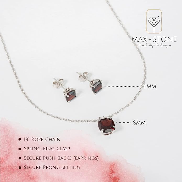 MAX + STONE 14k Gold Plated or Sterling Silver Cushion Cut Gemstone Stud Earrings and Pendant Necklace for Women with 6mm and 8mm Birthstones 18 Inch Chain and Push Backs Jewelry Set