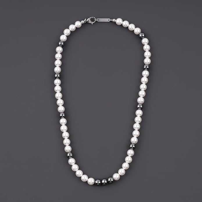 GAVU Men's Pearl Necklace, Pearl Jewelry Crystal Beaded Necklace for Men 20"/22"/24"/26"