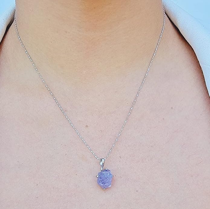 Natural raw gemstone pendant chain necklace with white gold over 925 solid sterling silver, birthstone dainty solitaire gift for her, uniquelan jewelry