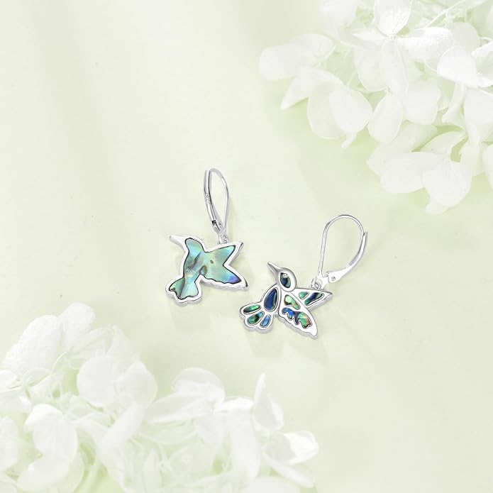 POPLYKE Hummingbird Earrings 925 Sterling Silver Hummingbird Abalone Dangle Drop Earrings Jewelry for Women