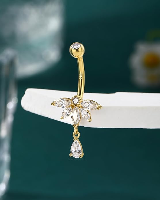 COCHARM 14K Gold Plated Belly Button Ring 14G 10MM Dangle Belly Navel Rings for Women Surgical Steel Navel Barbell Piercing Jewelry