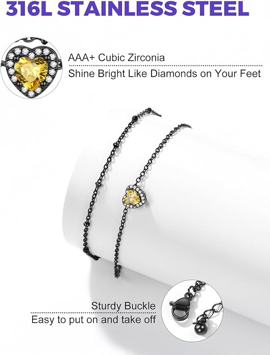 Richsteel Double Layer Heart/Butterfly Birthstone Anklet for Women Non Tarnish Waterproof, Silver/Gold/Black Stainless Steel 8.5-10.5 Inch Adjustable Chain Anklets Jewelry Gifts for Her