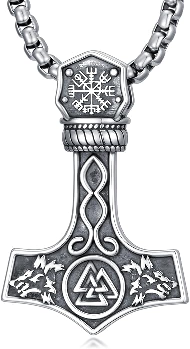 Viking Necklace Triple Horn of Odin/Wolf/Thor Hammer Necklace Viking Pendant Norse Jewelry Gifts for Man
