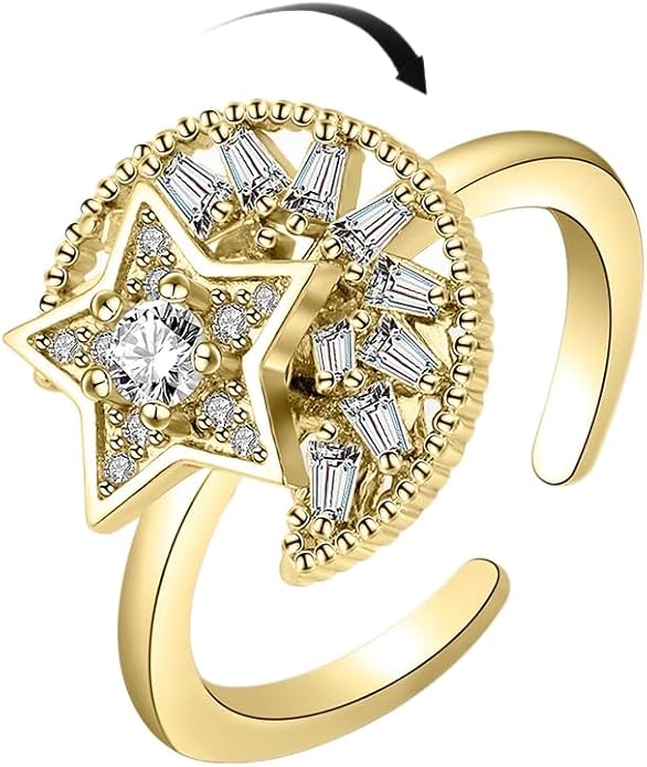 Fidget Ring Anxiety Spinner Ring Open Adjustable Sunflower Star Moon Windmill Butterfly Rings Daisy Stress Relieving Fidget Women Cubic Zirconia Anti Stress Mood Rotate Inspirations Jewelry