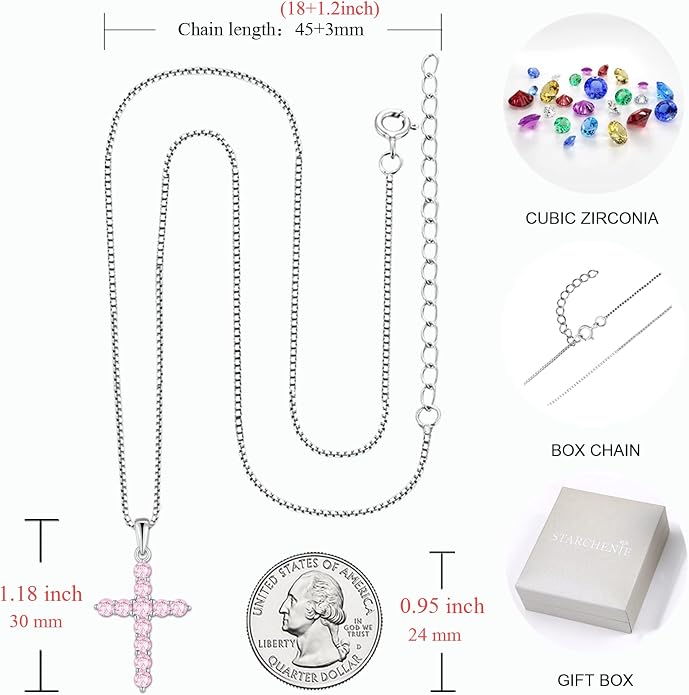 STARCHENIE Cross Necklace Sterling Silver Crucifix Pendant Gemstones Jewelry for Women