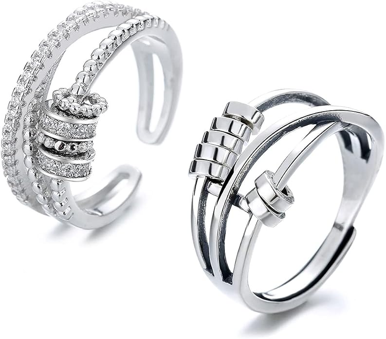 2pcs Fidget Band With Beads Spinner Rings for Women,Anti Anxiety Ring Stainless Steel Ring Sand Blast Finish.Unisex Adjustable Stacking Worry Ring