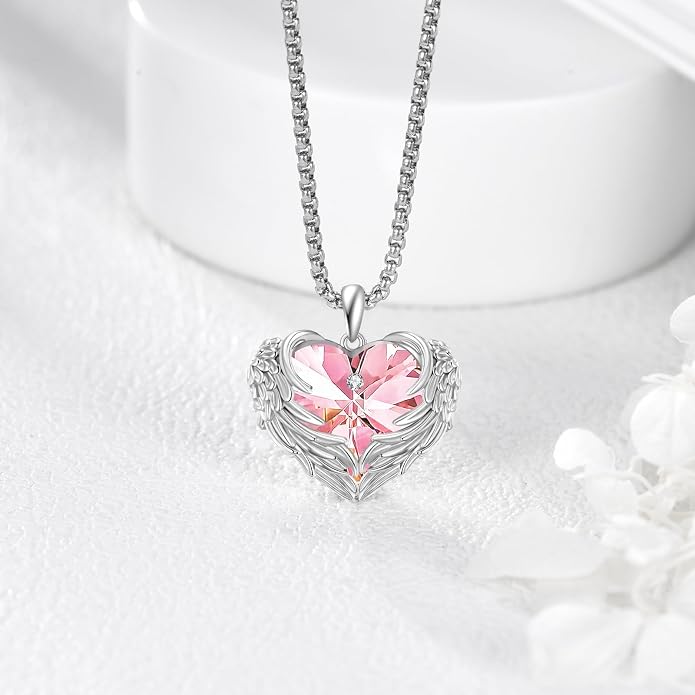 Angel Wings Necklace for Women 925 Sterling Silver Birthstone Guardian Necklace Jewelry Angel Wings Moonstone, Crystal Pendant Jewelry Gifts