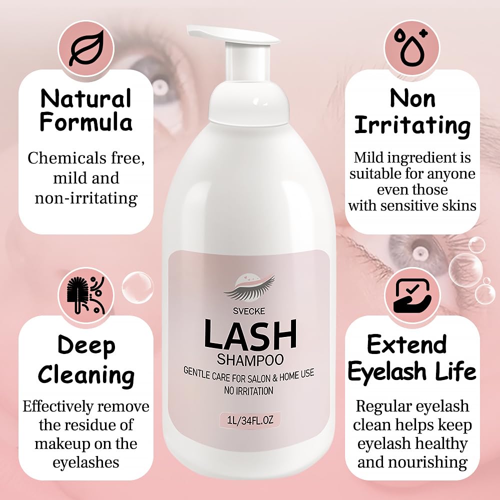 Lash Shampoo 34fl.oz/1L, Eyelash Shampoo for Lash Extension, Eyelash Extension Cleanser, Lash Eyelid Foam Cleaning Kit for Salon Use and Home Use