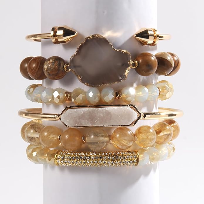 Yomisa 5PCS 6PCS Natural Boho Beaded Bracelets/Bangle for Women Men,Healing Turquoise Jasper Agate Crystal Gemstone Stone Chakra Multilayer Wrap Bohemian Handmade Jewelry Beads Stretch Bracelet Set