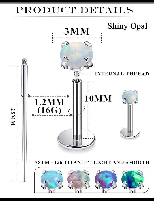 20G 18G 16G Astm F136 Titanium Internal Thread Flat Back Earrings Nose Studs Tragus Helix Conch Cartilage Lobe Earrings Medusa Labret Snake Bite Monroe Lip Ring Piercing Jewelry For Women Men