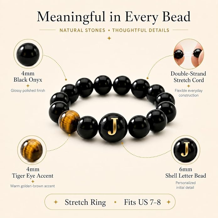 Initial Ring for Women, Black Onyx Beaded Stretch Letter Ring | Personalized-style A-Z initial ring with black onyx beads, shell letter bead, stretch fit, and gift-ready box